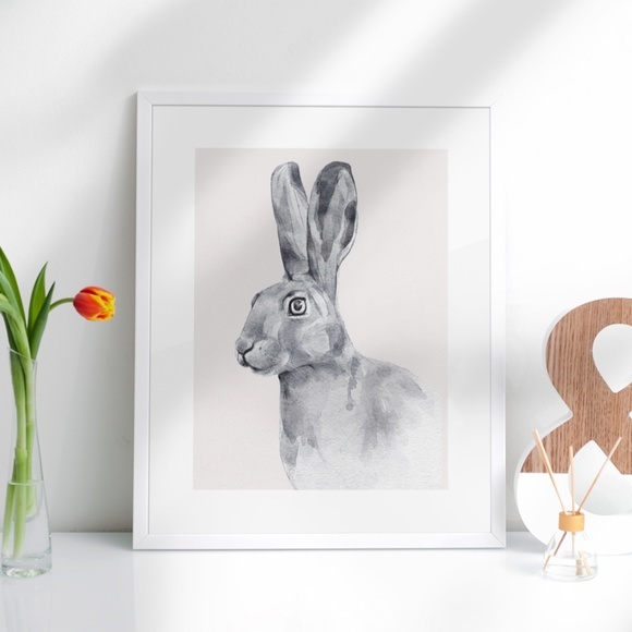 Watercolor Bunny Hare Portrait Wall Art Illustration Print Poster Unframed - Picture 3 of 6